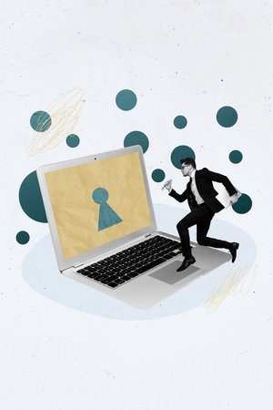 Vertical collage of young guy working in office running to unlock computer data protect info hold...