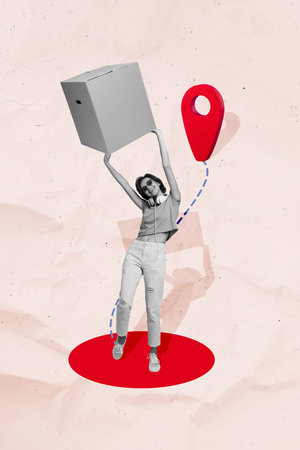 Vertical collage image of black white effect excited girl arms hold delivery box destination geolocation isolated on paper backgroundの写真素材
