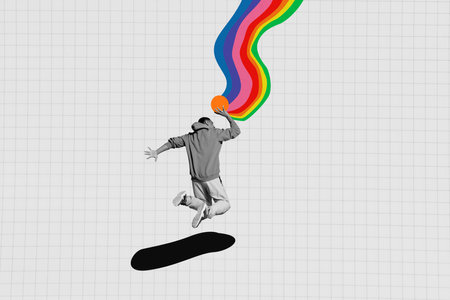Creative collage image illustration black white filter sportive young man play basketball colorful striped lgbtq community friendly bannerの写真素材
