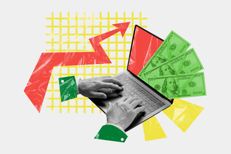 Picture collage image of businesspeople working from home earning money isolated in drawing backgroundの写真素材