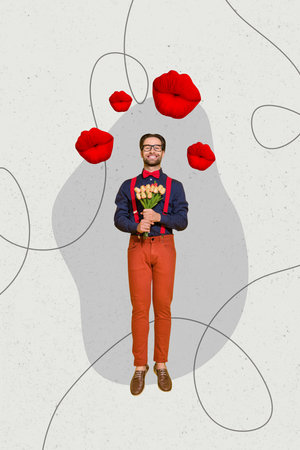Vertical collage creative poster excited enjoy pretty young man present bouquet tulips kiss lips fly abstract unusual templateの写真素材
