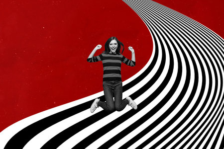 Composite collage image of overjoyed cheerful black white effect girl raise fists jumping isolated on drawing backgroundの写真素材