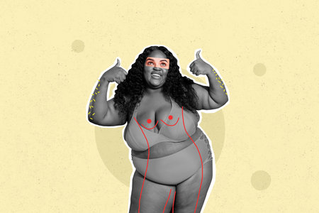 Photo collage of plus size model girl posing and dreaming her body will be fit after diet showing like gesture isolated on beige backgroundの写真素材