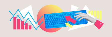 Creative retro 3d magazine collage image of arms typing keyboard showing startup presentation isolated beige color backgroundの写真素材