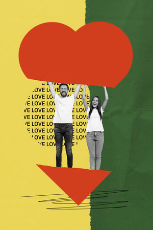 Vertical composite photo collage of two funky lovers dance scream laugh have fun together celebrate valentine day on creative backgroundの写真素材