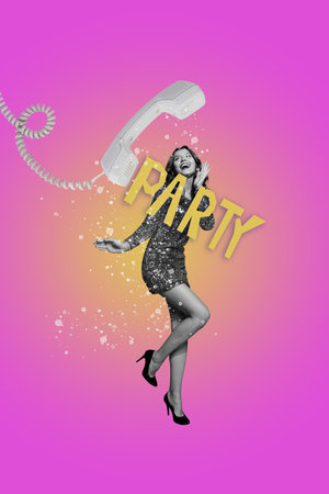 Collage picture poster of lovely charming girl listening phone speech discotheque party time isolated on drawing purple backgroundの写真素材