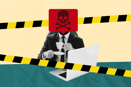 Creative collage picture of black white colors elegant man danger notification instead head drink coffee use laptop isolated on beige backgroundの写真素材