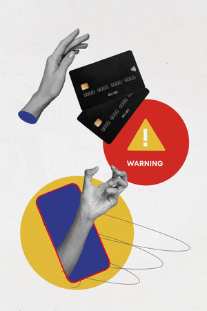 Creative collage picture illustration image monochrome effect hands exclusive protected warning fraudster card emoney white backgroundの写真素材