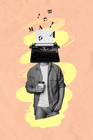Vertical collage poster young headless man typing oldschool machine instead head journalism writer storyteller screenwriter conceptの写真素材