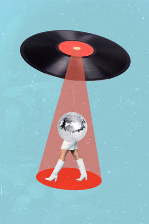 Vertical collage creative picture illustration caricature half humans ball ufo alien retro plate red light sketch exclusive blue backgroundの写真素材