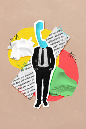 Vertical collage image of elegant guy telephone instead head pc monitor piece book page text crumpled paper isolated on beige backgroundの写真素材