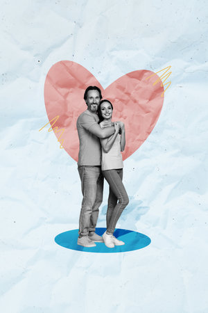Vertical creative photo collage of happy middle aged couple man and woman cuddle spend time together on date on paper texture backgroundの写真素材