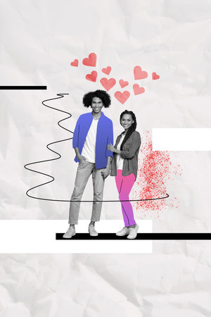 Vertical creative image poster standing happy cheerful couple lovers hold each other hand valentine day celebrating enjoy time togetherの写真素材