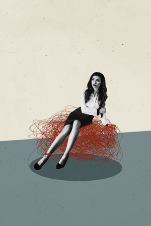 Composite collage photo of secretary woman dressed formalwear sitting on her creative thoughts messy isolated on beige color backgroundの写真素材