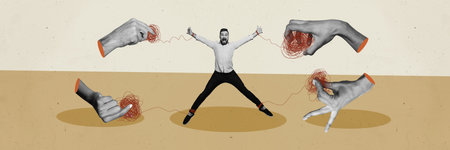 Collage picture of black white colors arms fingers hold pull mess string tied mini guy isolated on...