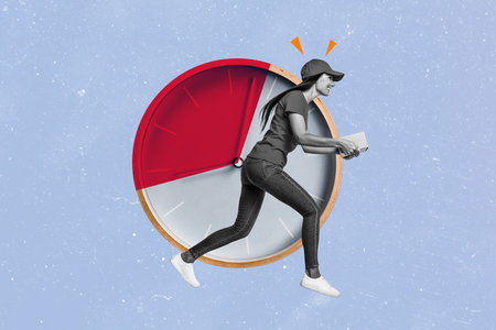 Banner collage image of cheerful happy girl running fast carrying delivering package isolated on...