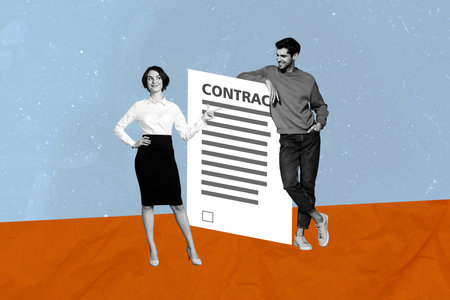 Collage artwork minimal picture of happy smiling workers signing new startup contract isolated graphical backgroundの写真素材