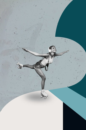 Vertical collage picture illustration image monochrome effect excited happy young lady roller hobby sportive unusual turquoise templateの写真素材
