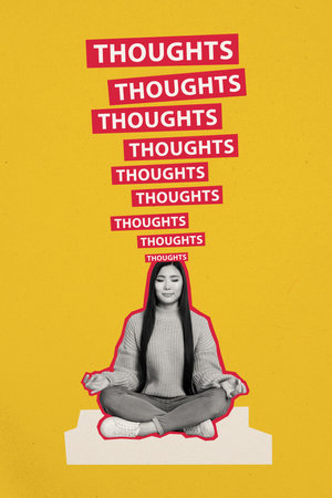 Vertical creative collage photo young meditation girl have mental rest concentrated mind prosperity wellbeing healthcare retreatの写真素材