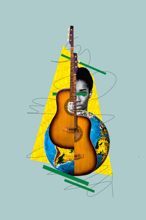 Vertical creative composite photo collage of african american woman play guitar travel over world...