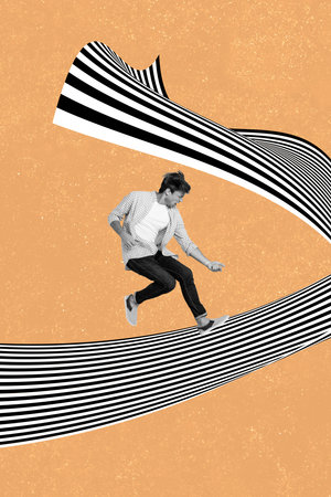 Vertical collage creative illustration black white filter happy talented cool young man play guitar discount exclusive beige backgroundの写真素材