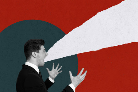 Creative collage picture poster young businessman shouting mad furious argue outraged emotional expression mental disorder psychotherapyの写真素材