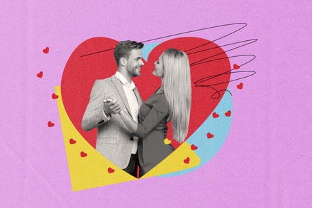 Horizontal composite photo collage of lovely sweet couple dance hold hands look into eyes celebration anniversary on creative backgroundの写真素材