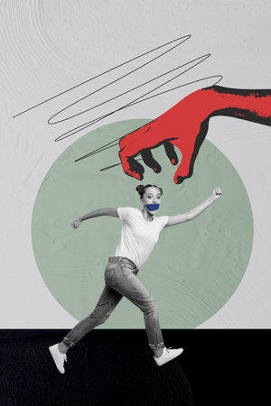 Vertical collage poster picture young running girl suffer harassment rude offense arm touch catch discrimination muted speechlessの写真素材