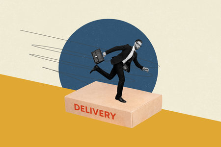 Creative collage image banner young running businessman guy consumer send carton box package delivery order receive shipment serviceの写真素材