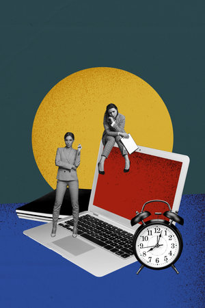 Vertical collage creative picture black white filter serious thoughtful young ladies work together time deadline exclusive colorful bannerの写真素材