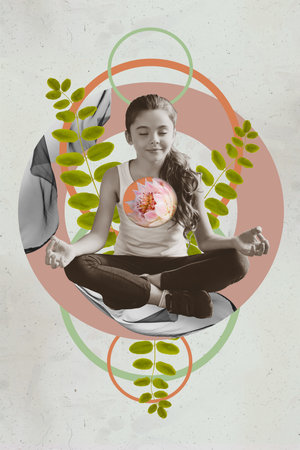 Vertical collage picture illustration retro effect concentrated peaceful little lady practice meditation therapy lotus flower leaf bannerの写真素材