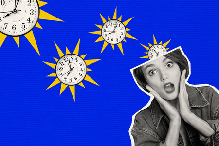 Creative composite photo collage of astonished woman hold palms on cheeks forgot about sale isolated on bright blue color backgroundの写真素材