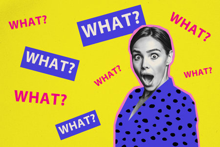 Horizontal creative collage photo promotion with surprised woman impressed scandal huge sales in fashion stores on yellow backgroundの写真素材