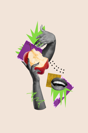 Composite collage image of hand hold bite apple fruit smiling mouth shopping sales weird freak bizarre unusual fantasy billboardの写真素材