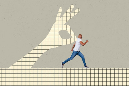 Creative collage young running scared man huge human arm holding catch control domination authority concept drawing checkered backgroundの写真素材