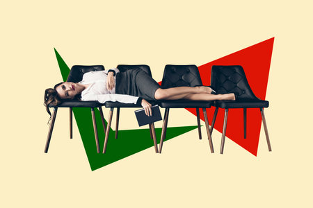 Creative trend collage of hot gorgeous stunning female lying office chairs businesswoman weird freak bizarre unusual fantasy billboardの写真素材