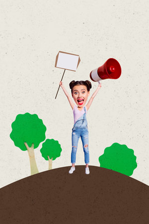 Vertical collage poster banner young woman girl activist showing demonstration against women discrimination rights speech vote democracyの写真素材