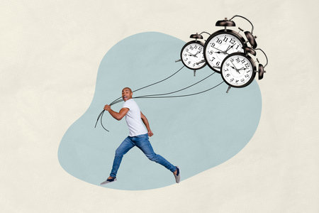 Creative photo collage young man running walking hold clock alarm balloons deadline late arrangement punctuality countdown hourの写真素材