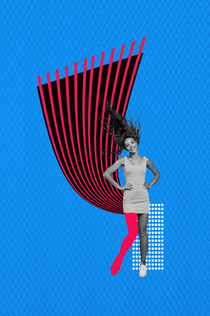 Creative trend collage of attractive cheerful funny female have fun dancing ad shopping weird freak bizarre unusual fantasy billboardの写真素材