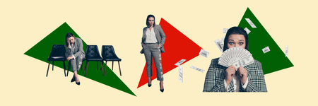 Creative abstract template collage of panorama businesswoman working economist money finance weird freak bizarre unusual fantasy billboardの写真素材