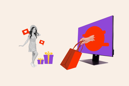Photo collage young stylish woman blogger hearts icon social network notification gift packages huge monitor screen arm hold shopping bagの写真素材