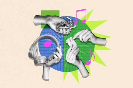 Horizontal composite photo collage of three hands holding different types of headphones airpods music lover listen wireless earphonesの写真素材