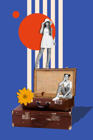 Vertical creative collage poster two girls vacation travelers summer trip luggage briefcases outfit rest relax drawing backgroundの写真素材
