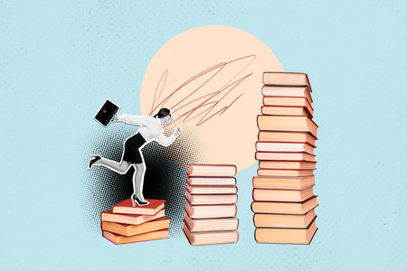 Horizontal photo collage of miniature black white colors woman hold briefcase running big piles of books as stairs on creative backgroundの写真素材