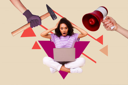 Creative collage picture of arms hold hammer loudspeaker mini speechless girl use netbook isolated on beige backgroundの写真素材