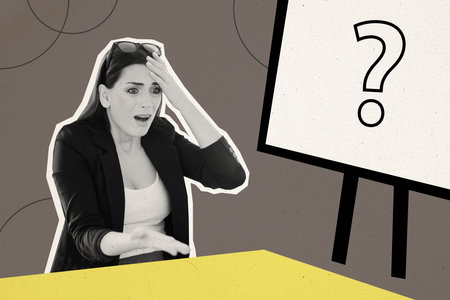 Creative collage poster banner young businesswoman amazed feeling shocked presentation board desk question mark drawing backgroundの写真素材