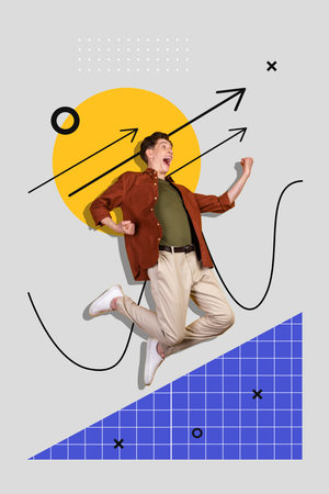 3d retro abstract creative artwork template collage of determined man jumping arrow statistic poster...
