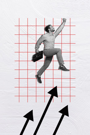 Vertical photo collage image young happy superhero businessman try reach success target dream goal arrows rise up checkered backgroundの写真素材