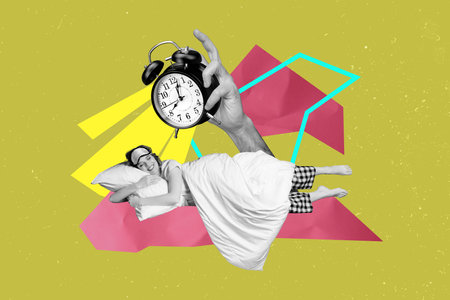 3d retro abstract creative artwork template collage of funny female sleeping hand hold clock timer weird freak bizarre unusual fantasyの写真素材