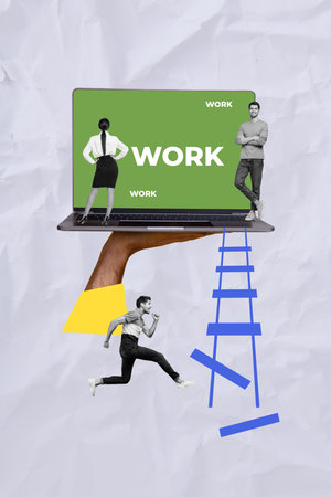 Creative vertical collage banner running young guy search job offer laptop recruiter woman candidate work opportunity hurry rushの写真素材